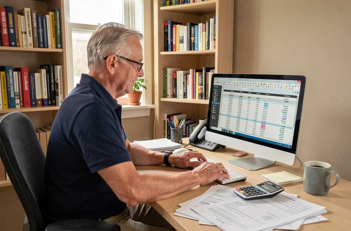 Homme au bureau comparant les prix et la valeur des certifications de formation bricolage sur ordinateur