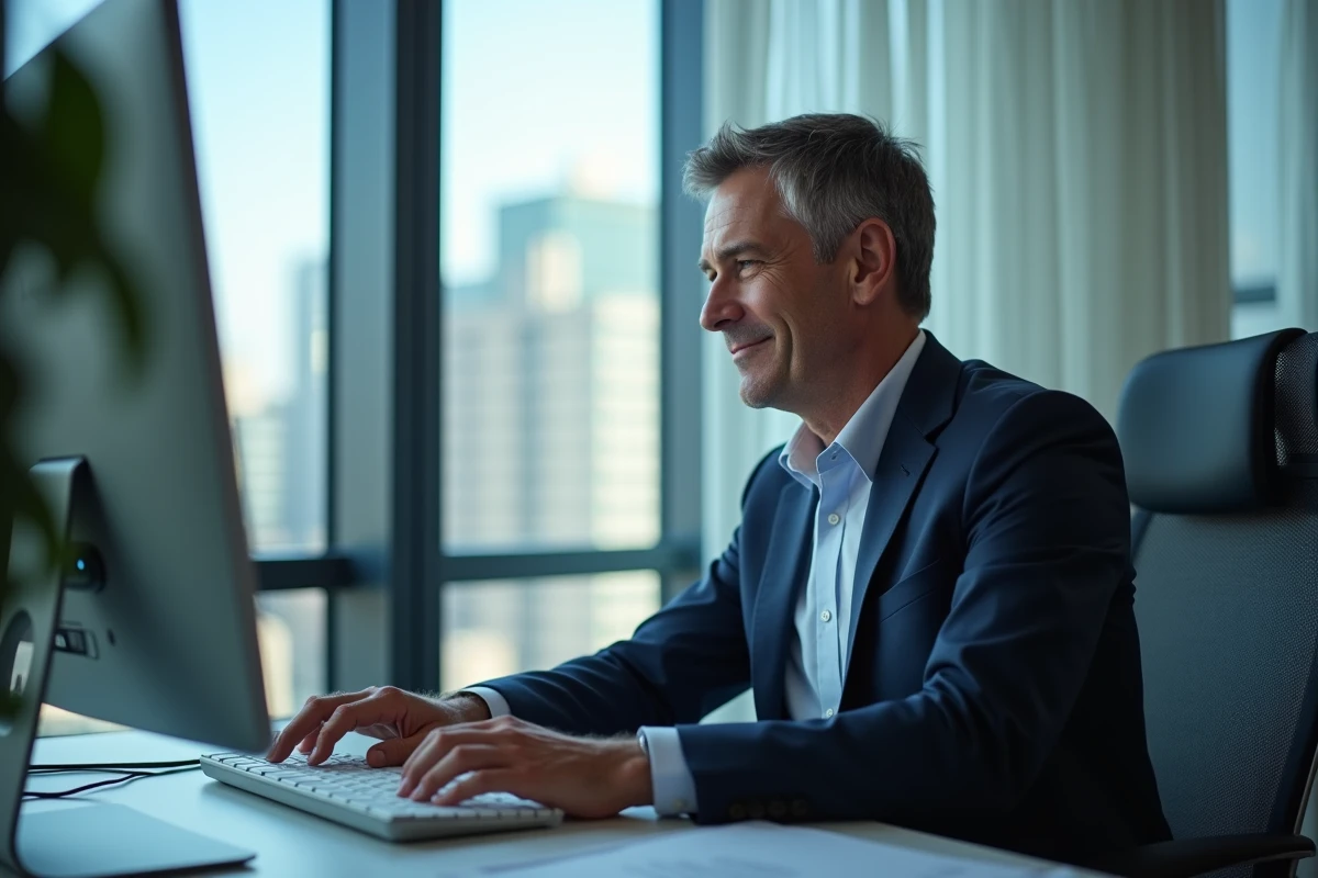 Homme d affaires dans un bureau vitré accédant à un portail informatique