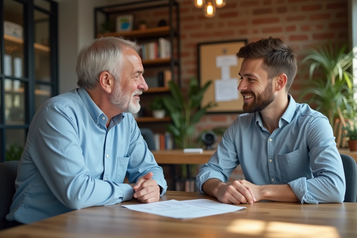 Homme d age moyen en discussion avec un conseiller dans un espace coworking