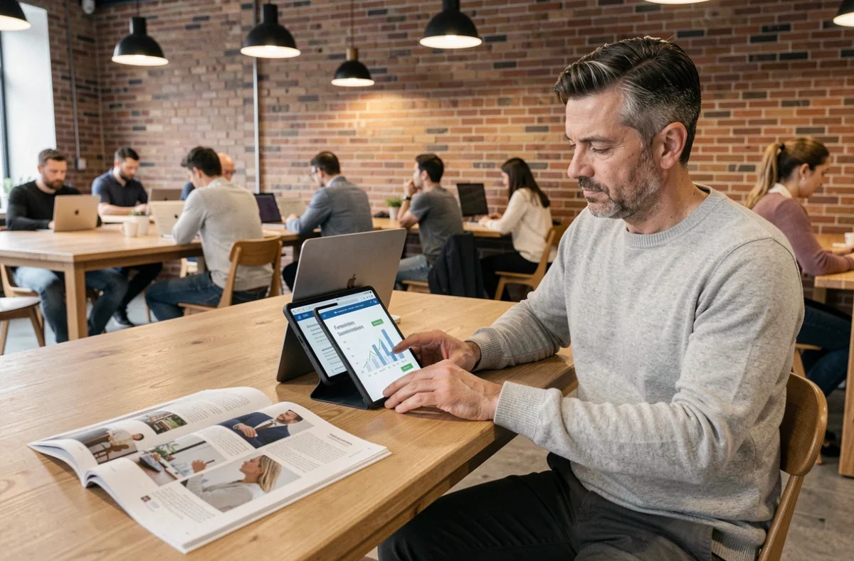 Homme en espace de coworking consultant un abonnement magazine formation en ligne sur tablette