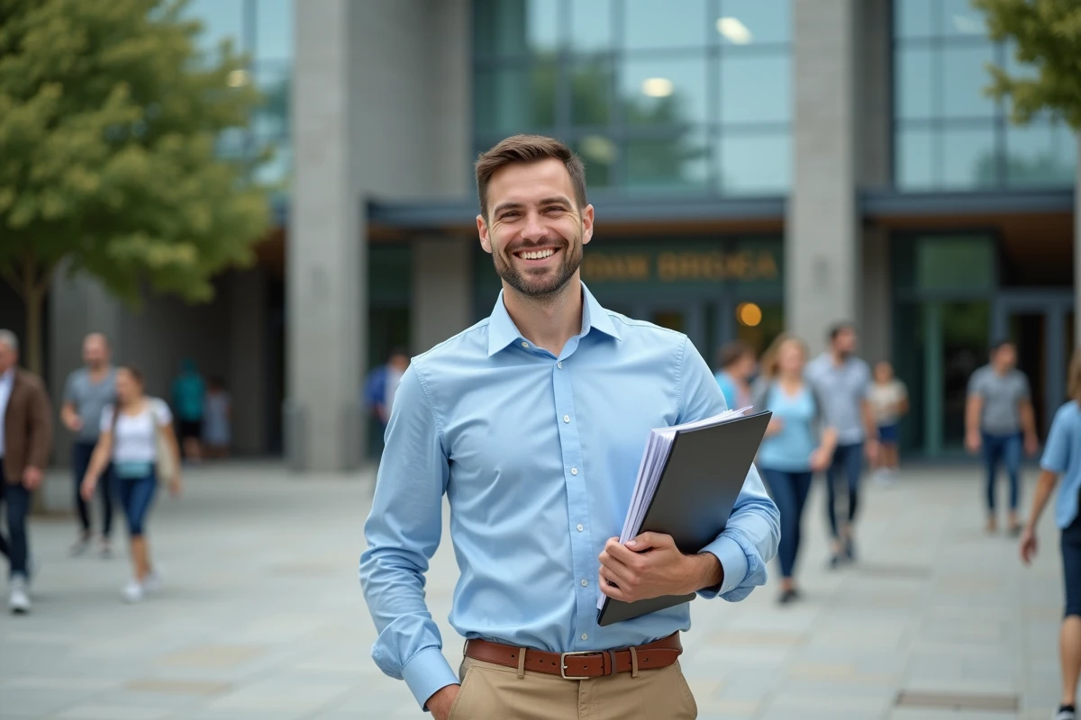 Homme souriant devant universite internationale en plein air