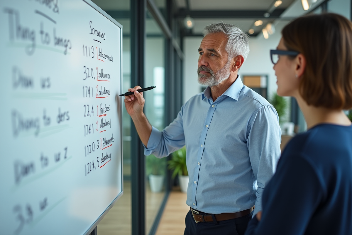 Homme en business casual expliquant la règle de trois avec un tableau blanc
