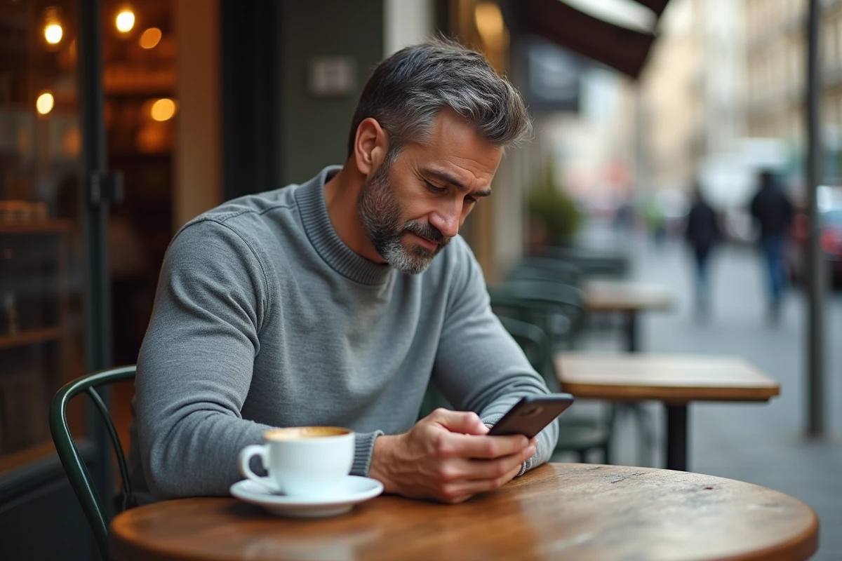 Homme installant une application mobile sur son téléphone en terrasse de café en ville