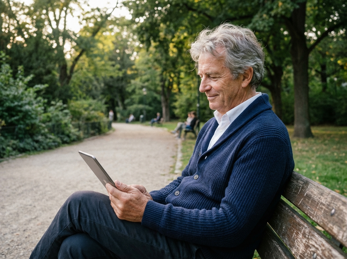 Homme âgé lisant une tablette dans un parc verdoyant