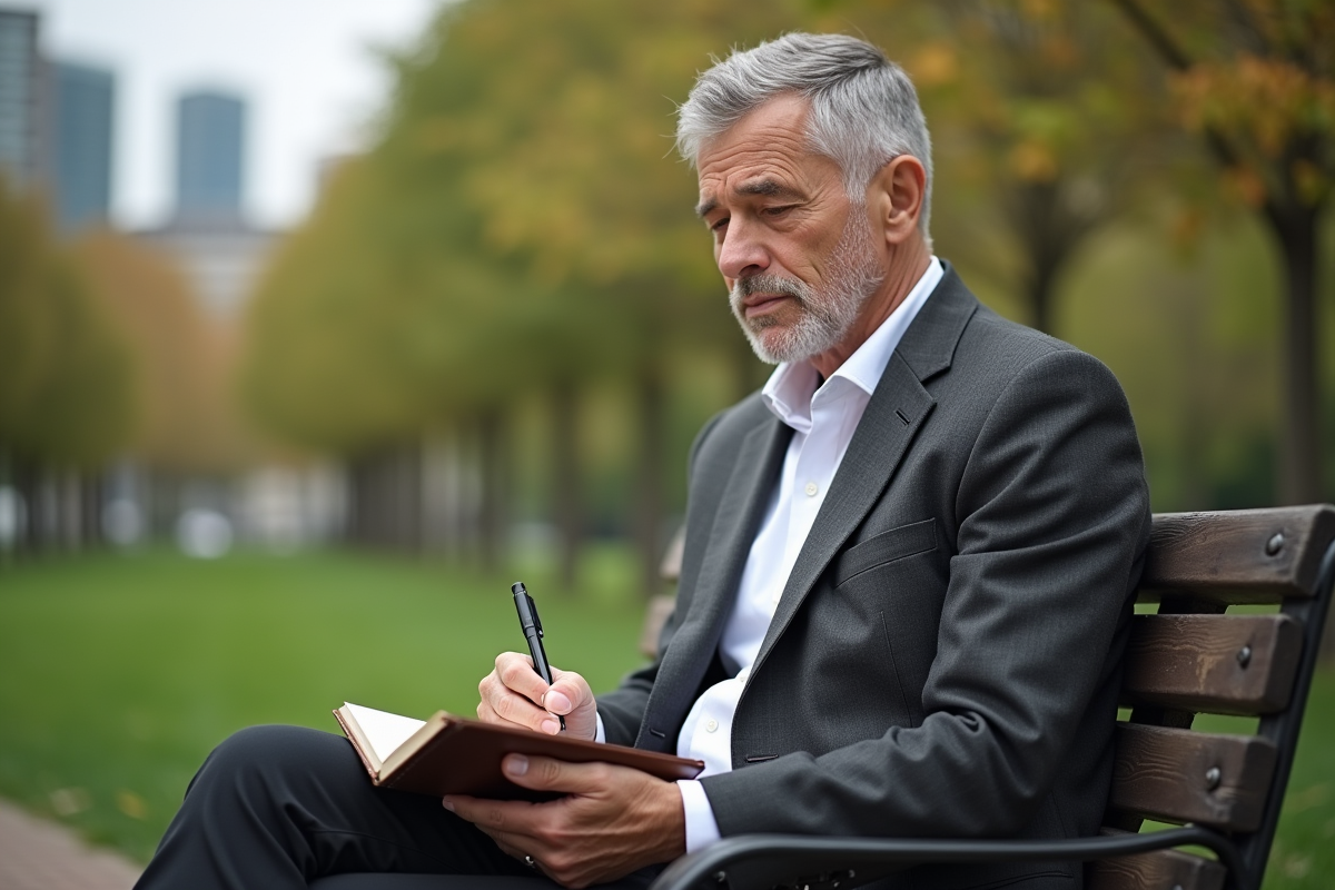 Homme réfléchissant en plein air dans un parc urbain