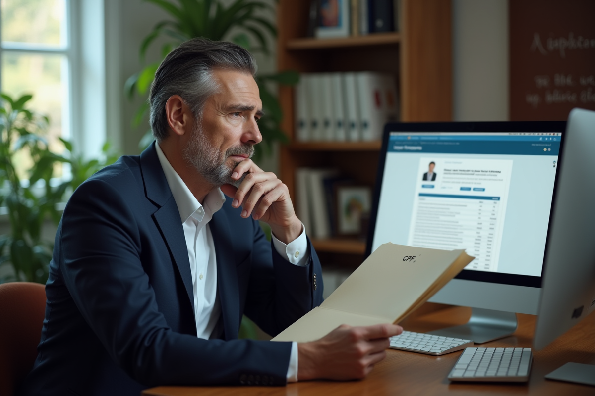 Homme d'âge moyen regardant un ordinateur avec dossier CPF