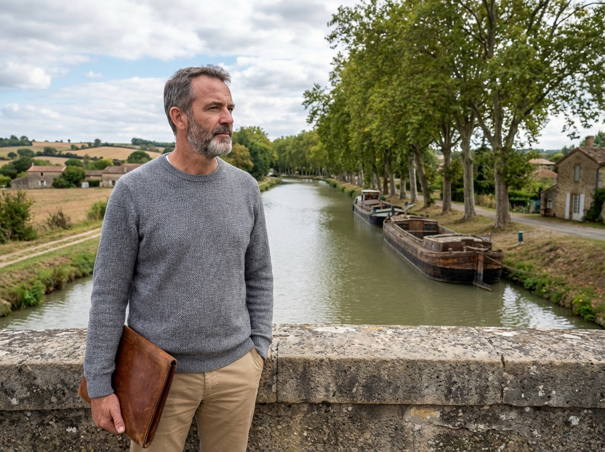 Homme regardant le paysage au bord du canal à Castelnaudary