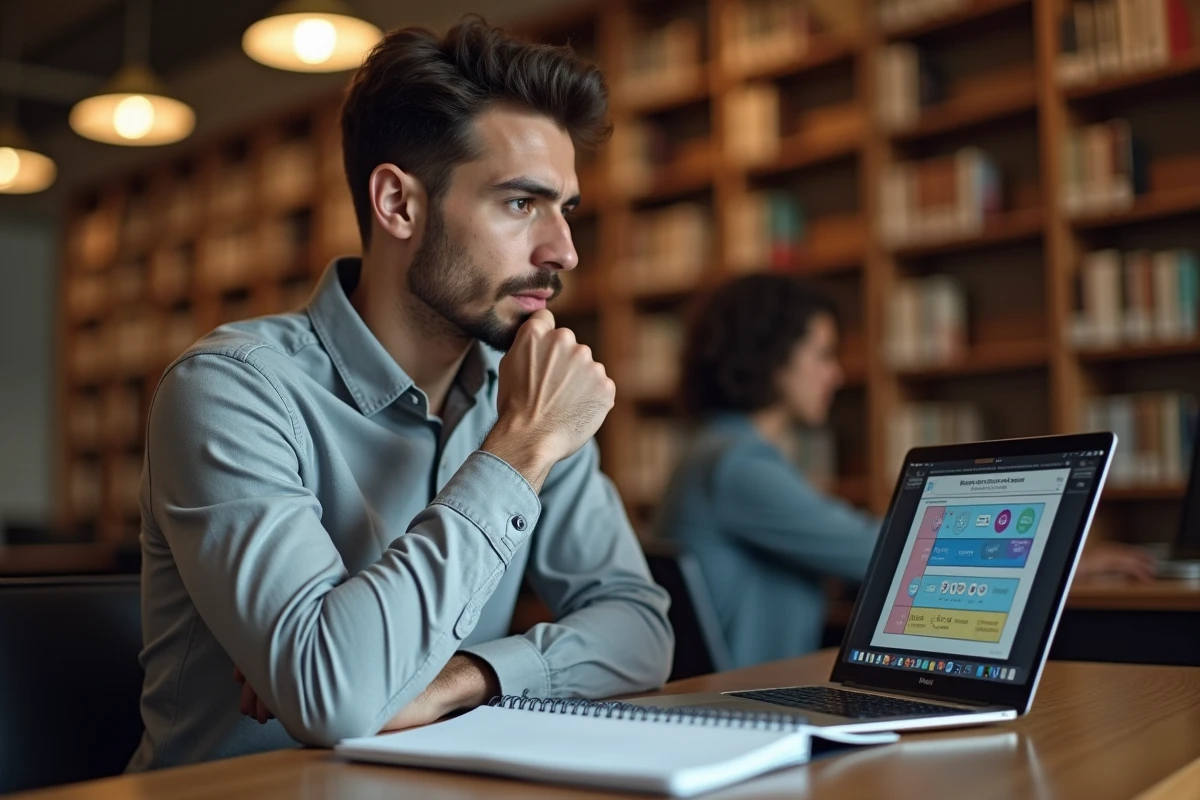 Homme en bibliothèque s'entraînant aux exercices de mémoire et d'attention sur ordinateur pour préparer des tests psychotechniques