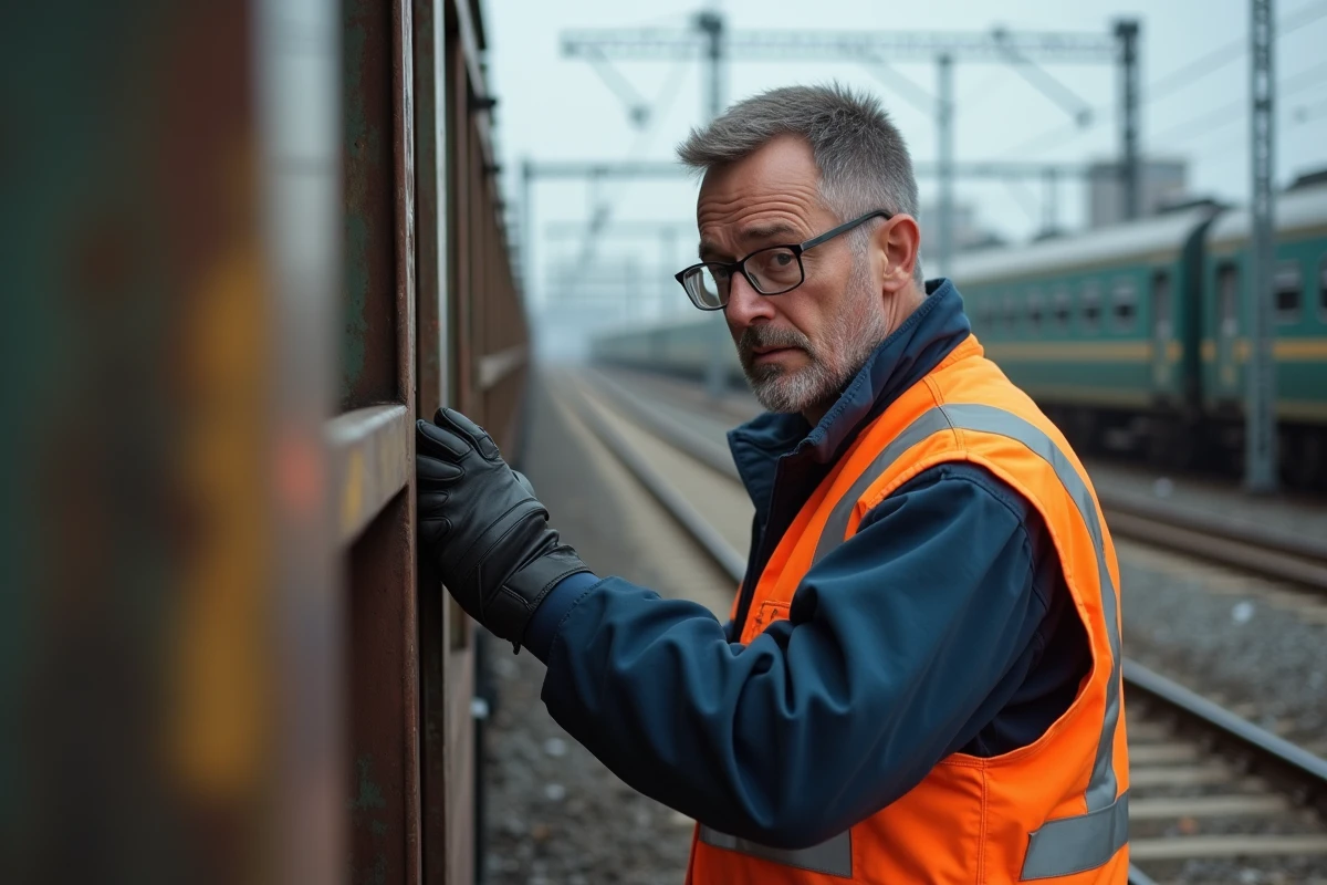 Homme inspectant un train dans un dépôt ferroviaire en extérieur