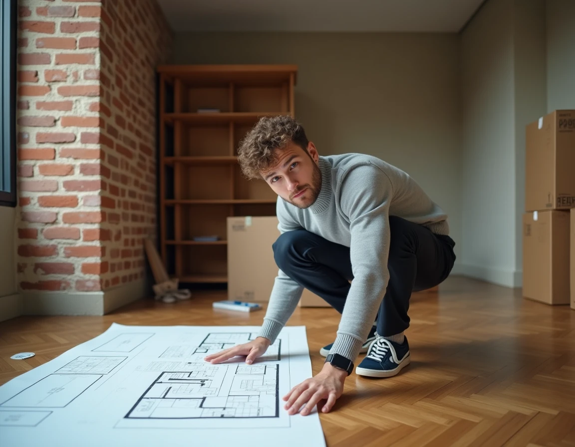 Homme en reconversion professionnelle dans la décoration intérieure consultant un plan d'aménagement dans un salon en rénovation