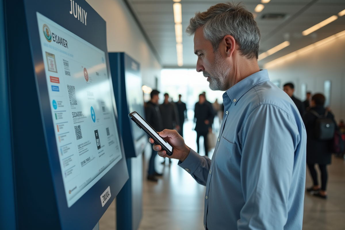 Homme scannant un document avec un QR code à un guichet public