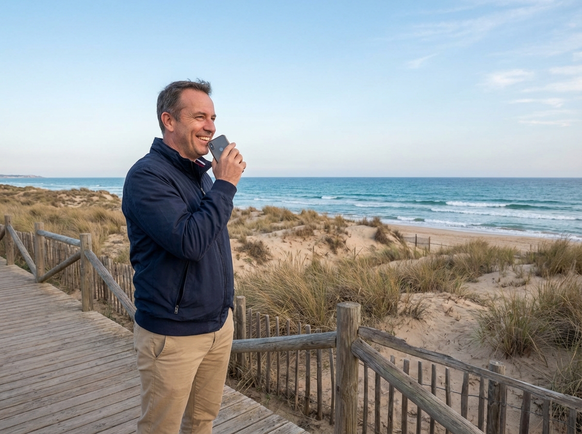 Homme souriant utilisant son smartphone en bord de mer