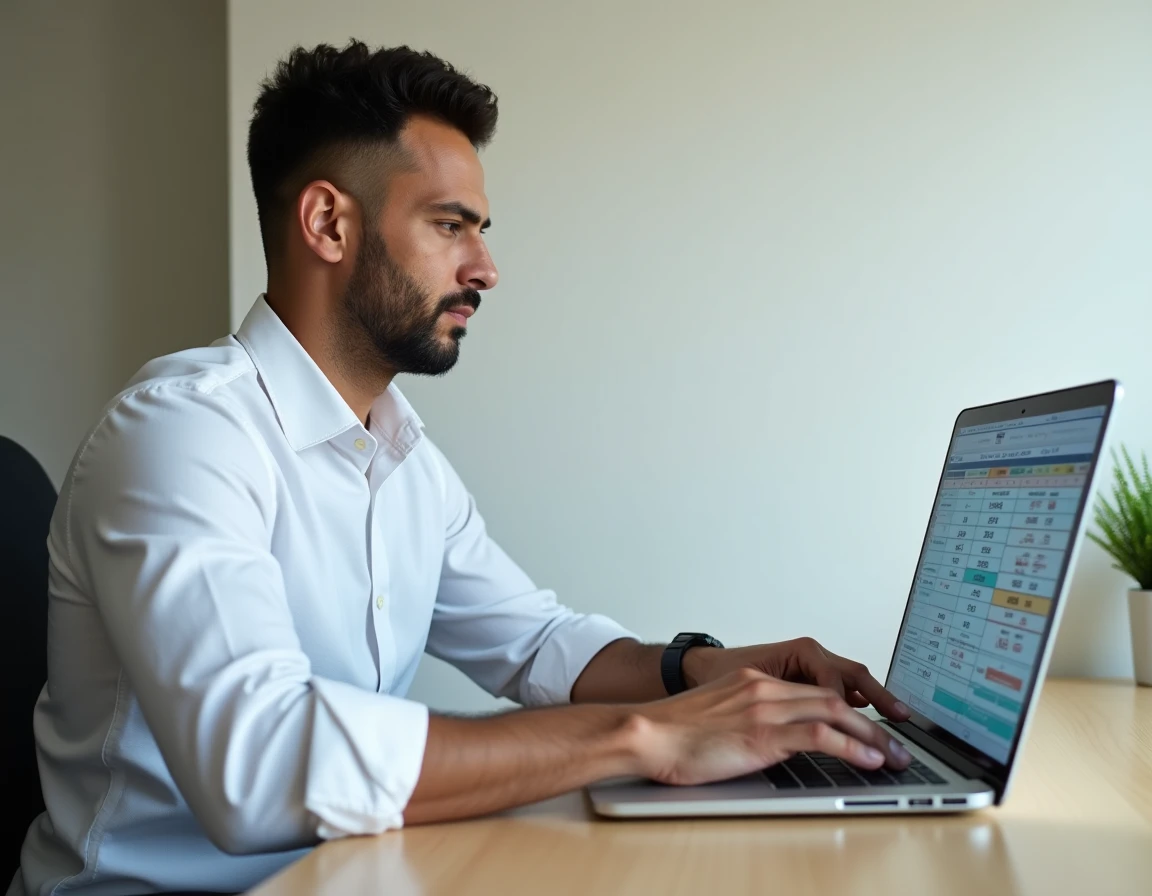 Homme calculant une moyenne pondérée avec coefficients sur un tableur Excel dans un bureau à domicile