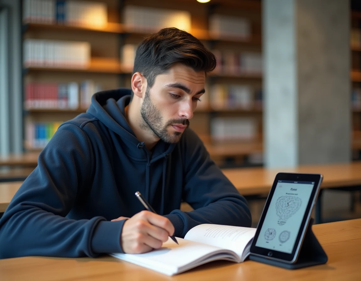 Jeune homme concentré consultant un test de QI gratuit en français sur une tablette dans une bibliothèque