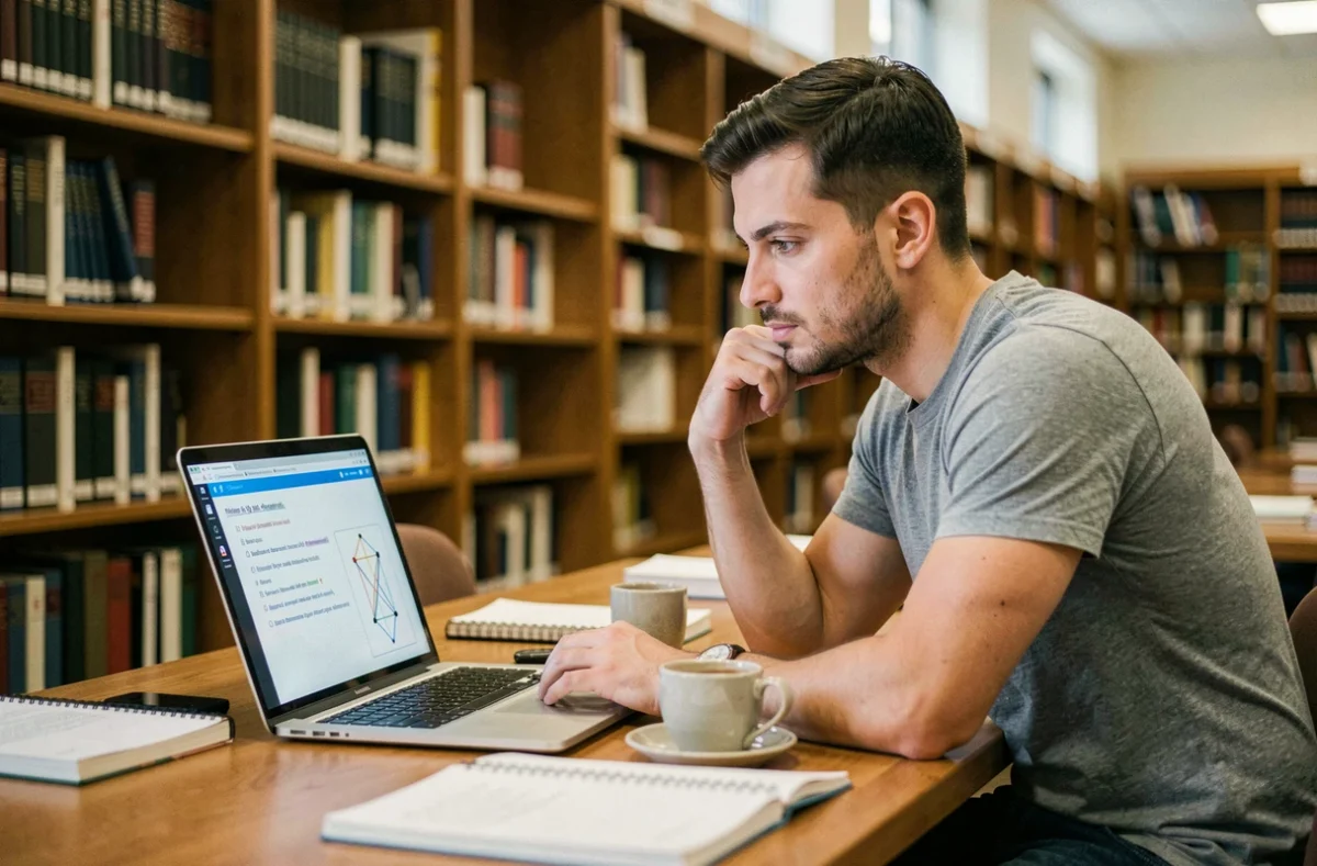 Homme passant un test de QI gratuit en ligne sur ordinateur portable dans une bibliothèque universitaire