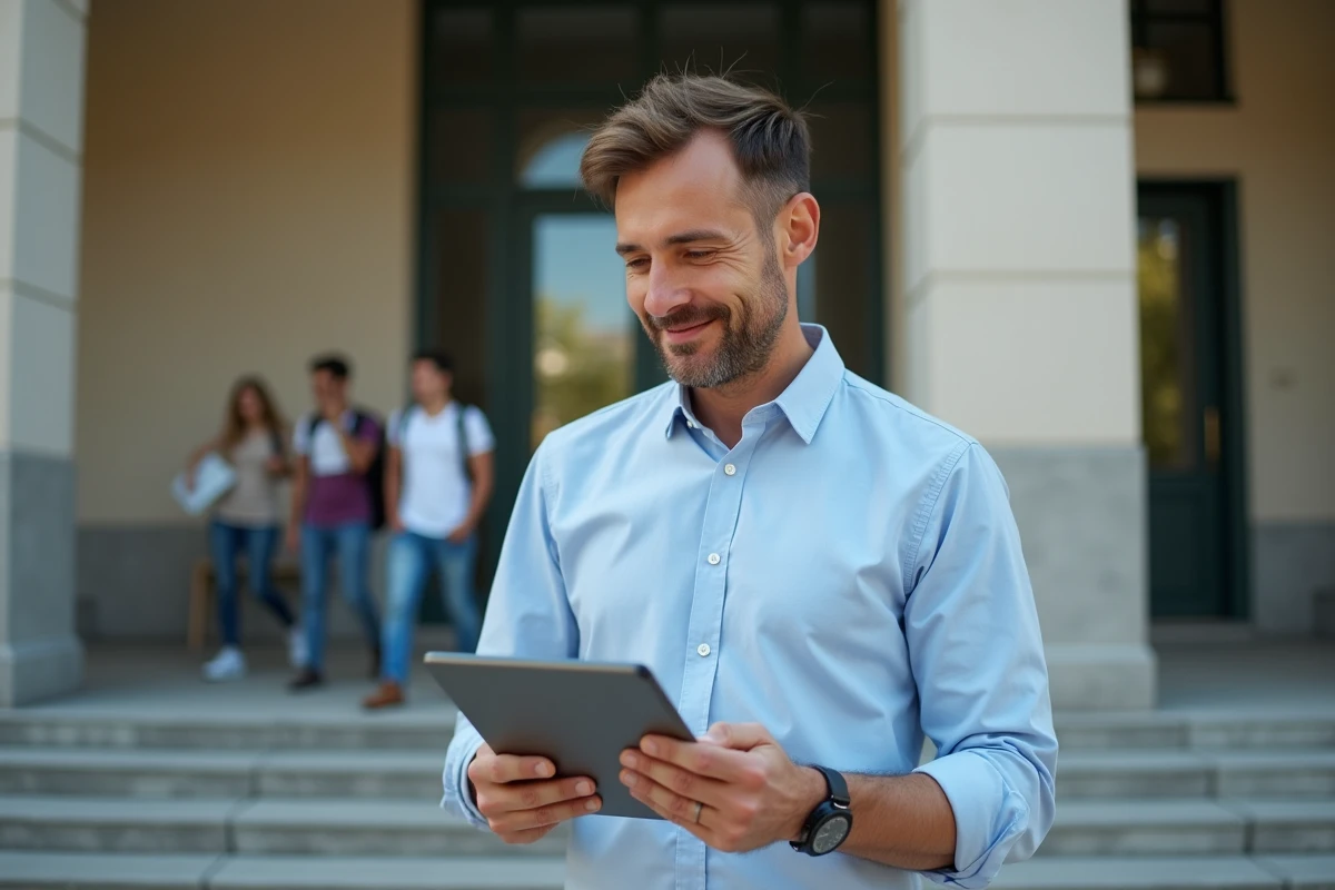 Homme vérifiant documents sur une tablette devant une université