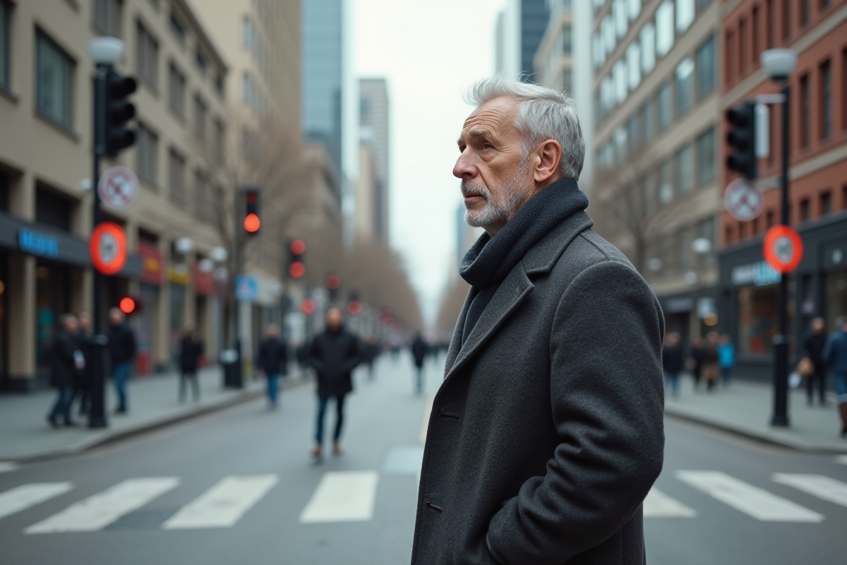 Homme mature à un passage piéton urbain avec panneaux divergents