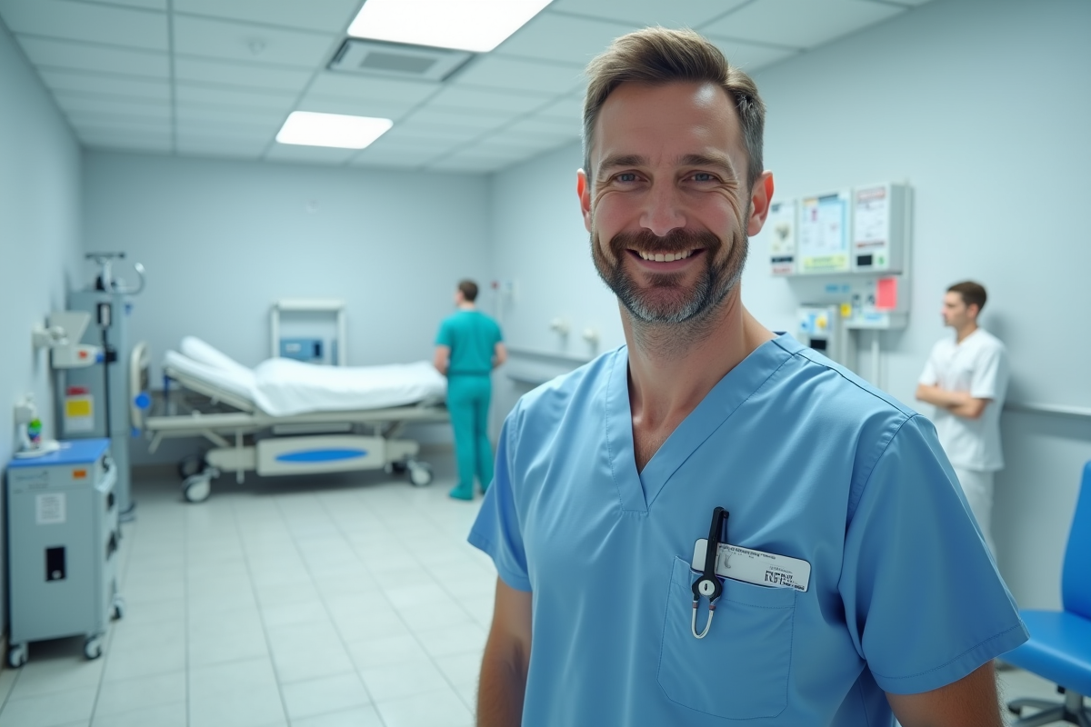 Infirmier en formation dans une salle de simulation hospitalière