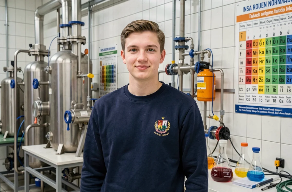 Étudiant en blouse dans le laboratoire de chimie industrielle de l'INSA Rouen Normandie, école d'ingénieurs généraliste post-bac
