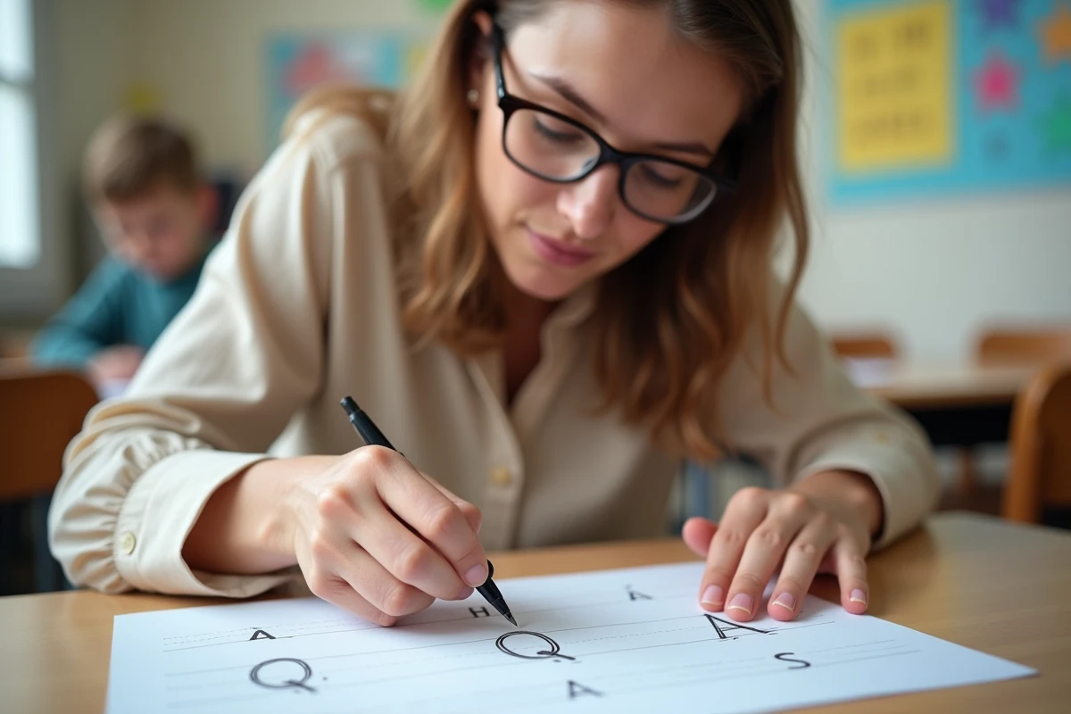 Institutrice corrigeant l'écriture d'un grand Q majuscule cursif en guidant la main d'un élève sur une feuille d'exercice