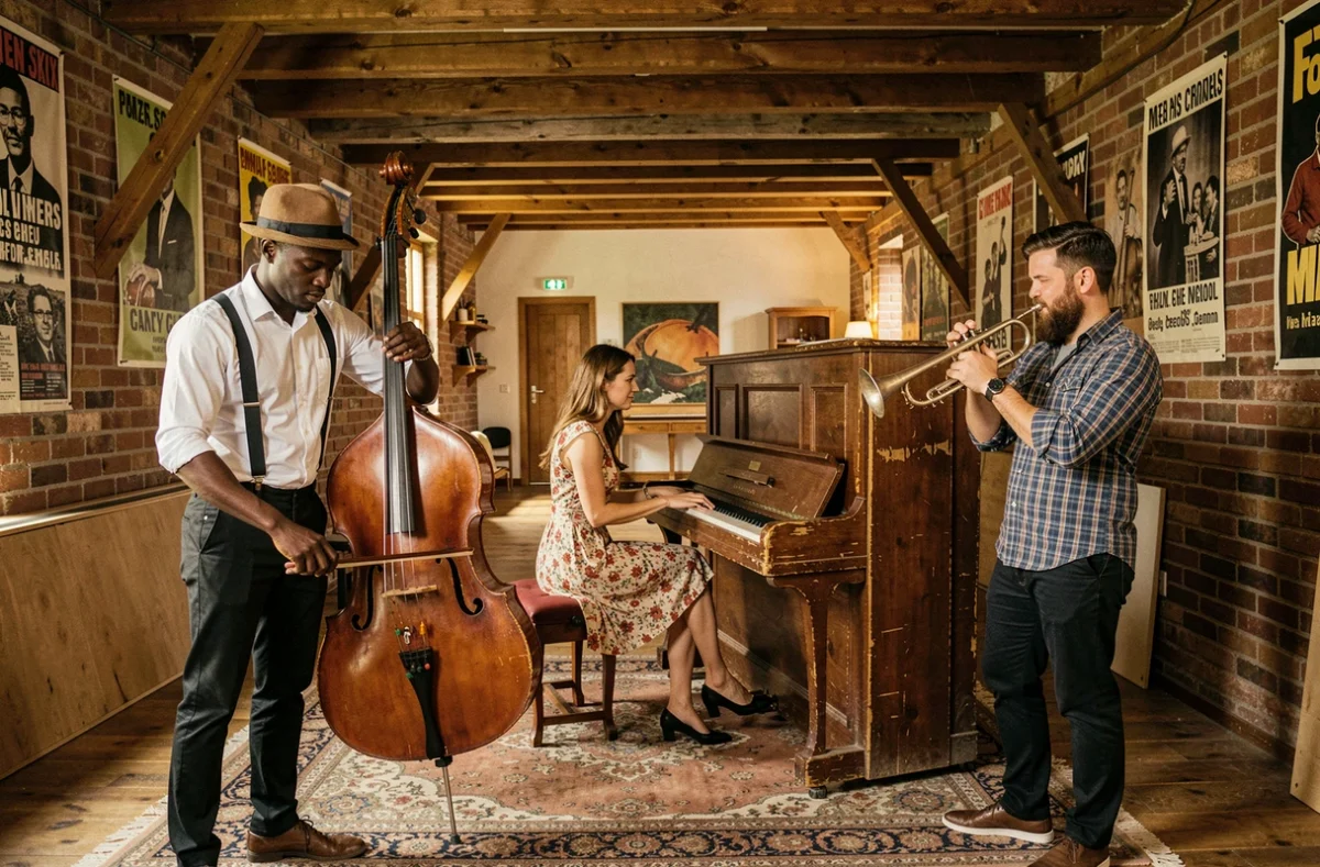 Trio de musiciens de jazz en session d'improvisation dans les locaux de Jazz à Tours