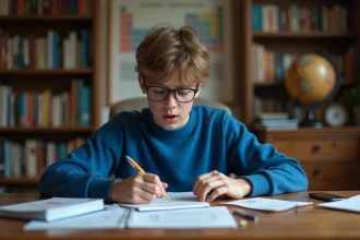 Jeune garçon concentré en étude à la maison