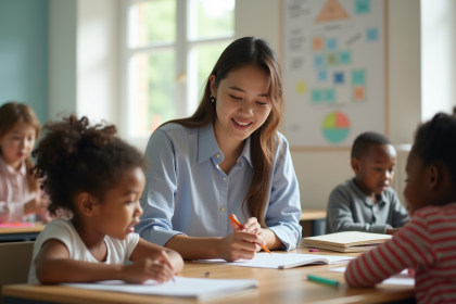Assistant éducatif aidant des enfants en classe lumineuse