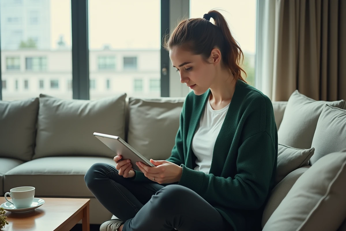 Jeune enseignante mettant à jour ses informations personnelles sur IProf depuis son domicile avec une tablette