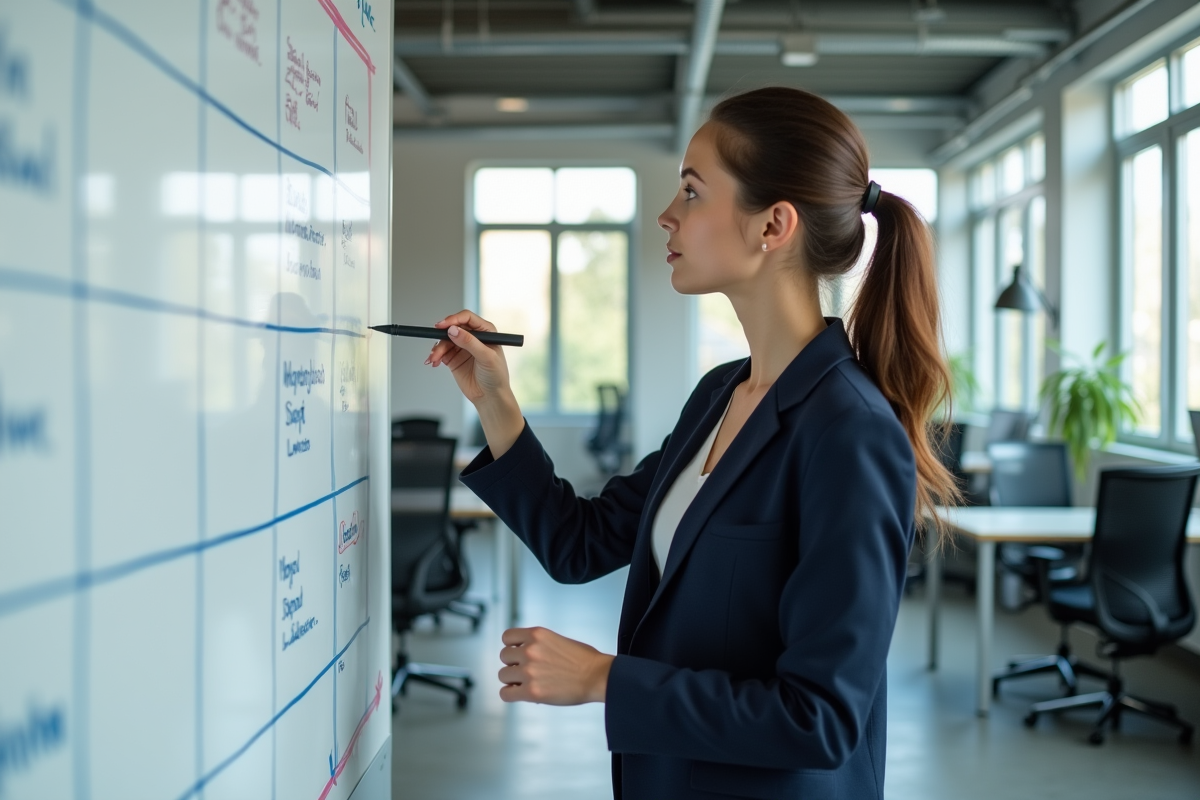 Jeune entrepreneure devant un tableau blanc dans un espace de travail