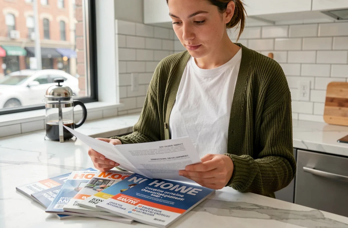 Jeune entrepreneuse comparant des abonnements magazines formation business dans sa cuisine moderne