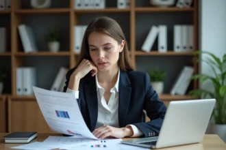 Jeune femme en bureau analyse documents BCE