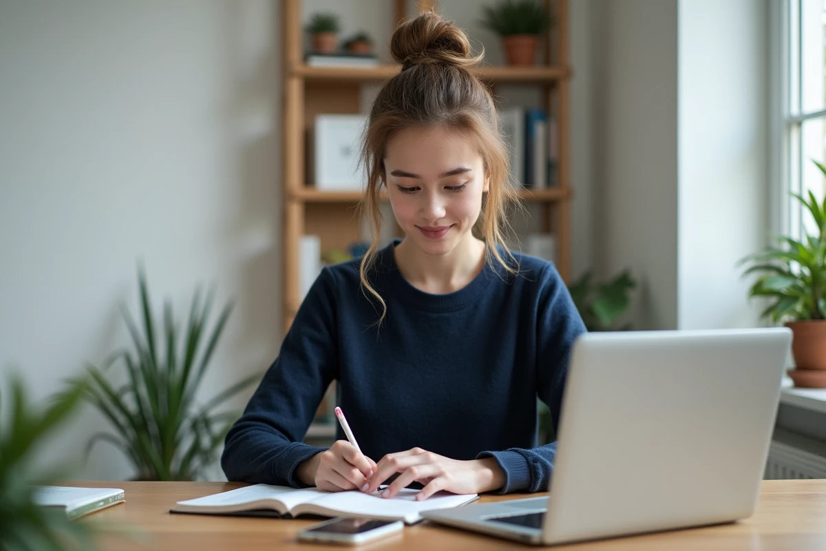Jeune femme au bureau à domicile travaillant sur son ordinateur