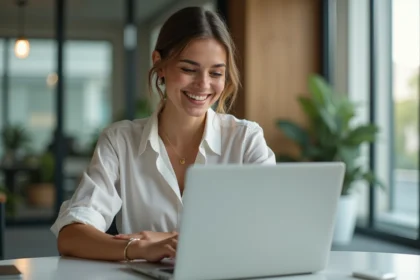 Jeune femme professionnelle souriante au bureau avec ordinateur