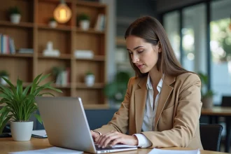 Jeune femme au bureau tapant sur un ordinateur dans un espace coworking