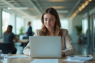 Jeune femme au bureau concentrée sur son ordinateur
