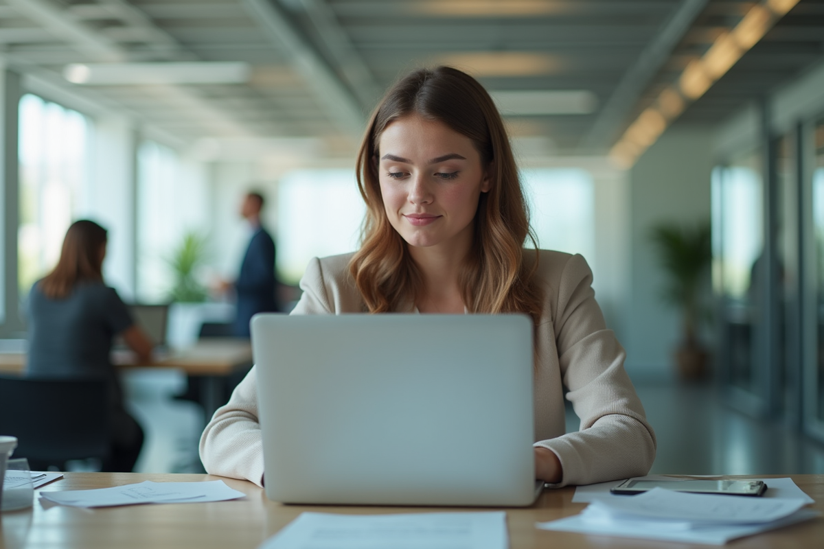 Jeune femme au bureau concentrée sur son ordinateur