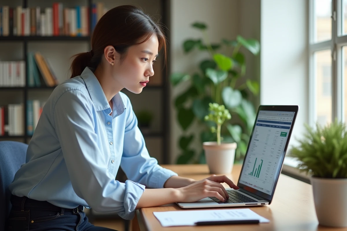 Jeune femme au bureau concentrée sur son ordinateur portable