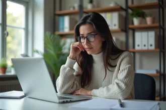 Jeune femme au bureau regard perplexe sur son ordinateur