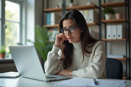 Jeune femme au bureau regard perplexe sur son ordinateur