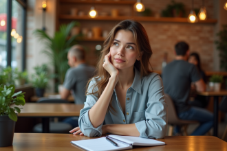 Jeune femme concentrée dans un café urbain avec carnet