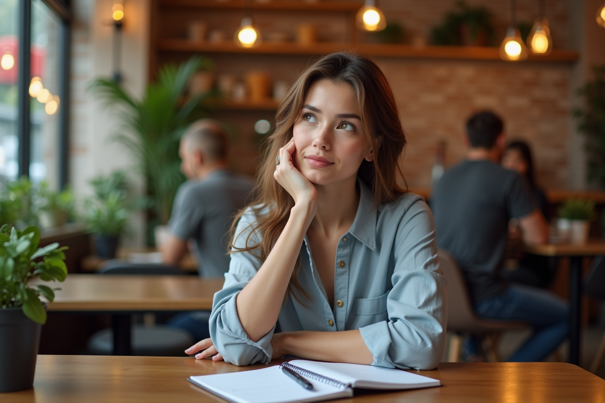 Jeune femme concentrée dans un café urbain avec carnet