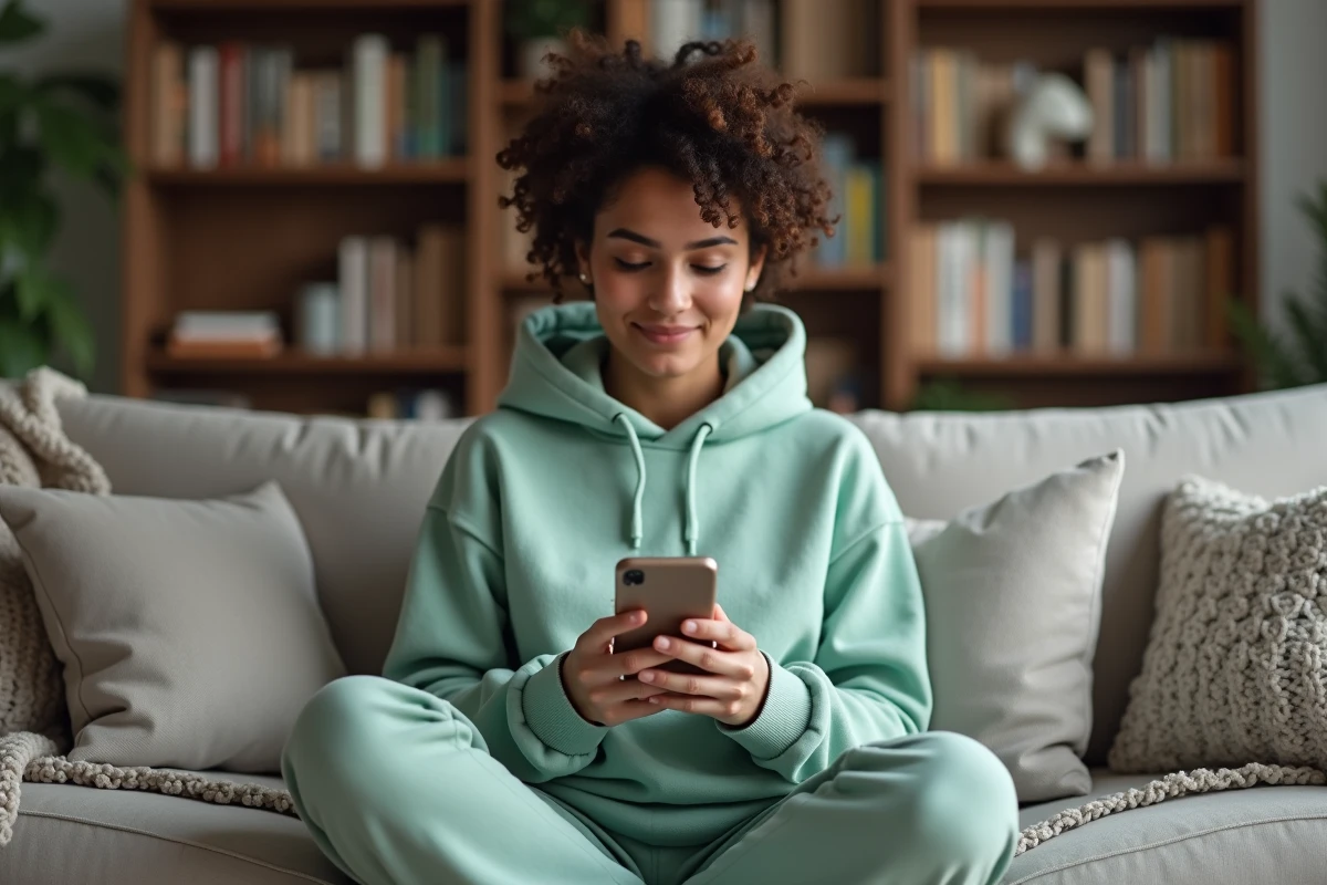 Jeune femme se connectant à une application régionale sur son smartphone depuis son salon