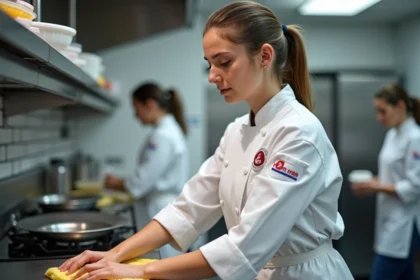 Jeune femme en cuisine scolaire avec veste blanche IFH
