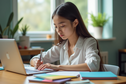 Jeune femme étudiant en ligne à un bureau lumineux