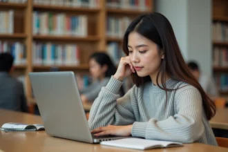 Jeune femme concentrée sur son ordinateur dans une bibliothèque moderne