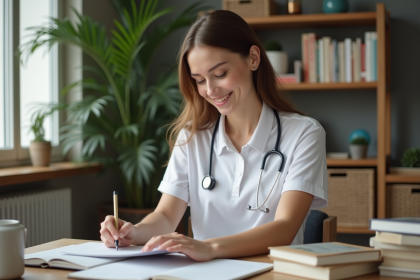 Jeune femme en étude médicale dans un appartement moderne