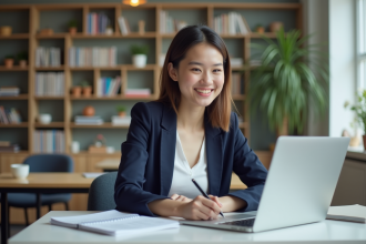 Jeune femme souriante en étude dans un centre universitaire