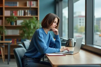 Jeune femme en étude universitaire avec ordinateur et carnet