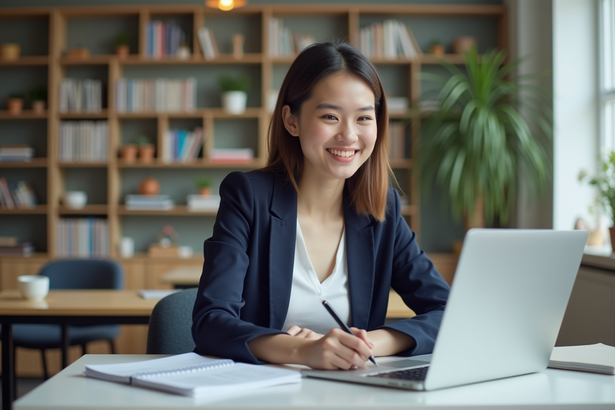 Jeune femme souriante en étude dans un centre universitaire