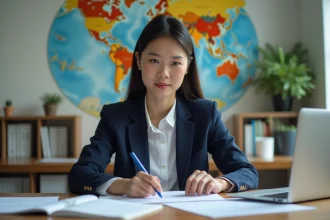 Jeune femme en bureau étudiant documents et ordinateur